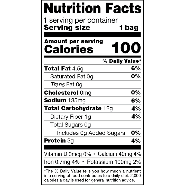 Nutrition Facts label showing 100 calories per serving, with 4.5g total fat, 135mg sodium, 12g carbohydrate, 3g protein, and 0g added sugars.