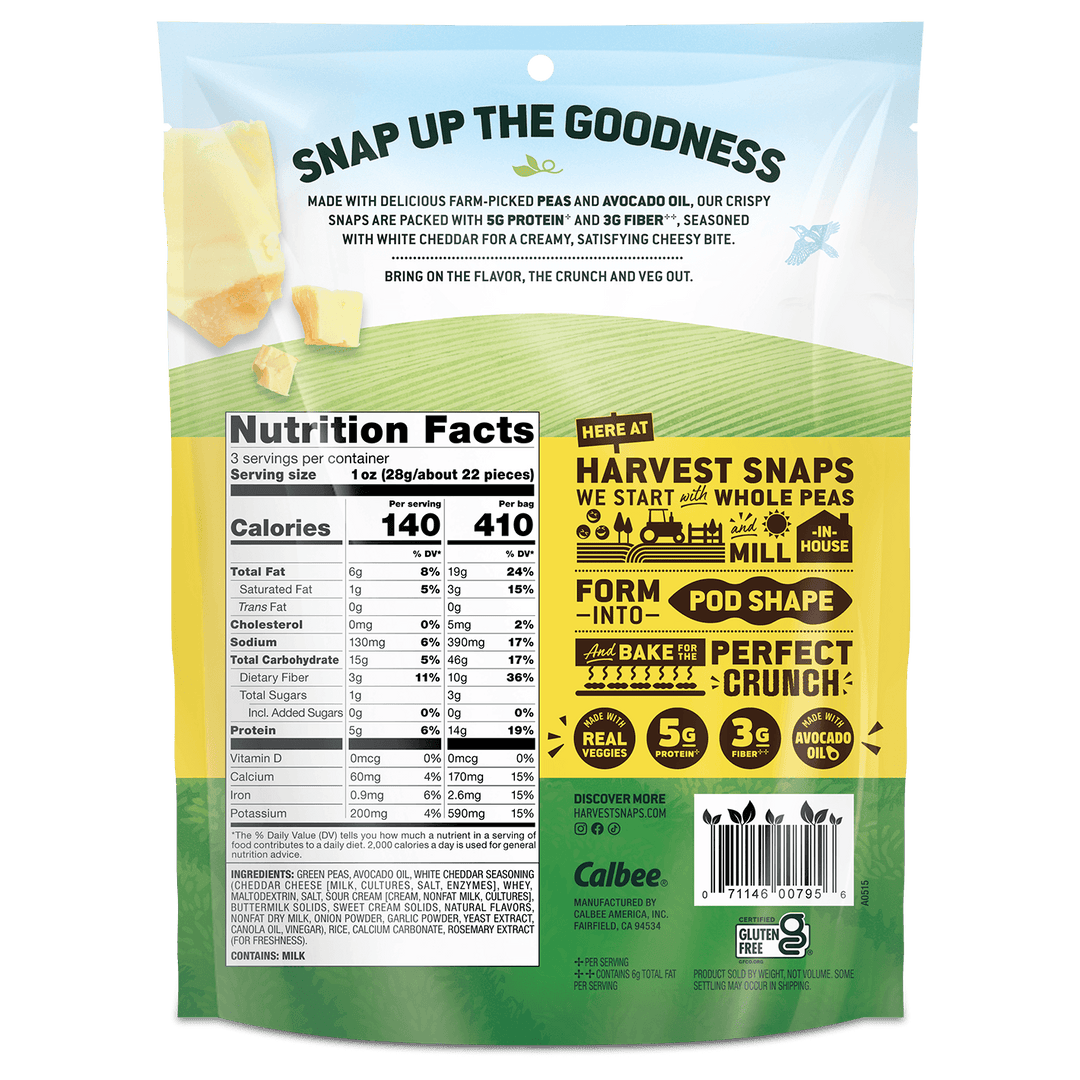 Back view of a Calbee Harvest Snaps snack bag, showing nutrition facts, ingredients and product details.