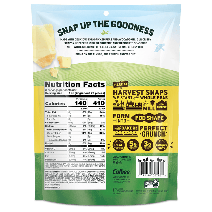 Back view of a Calbee Harvest Snaps snack bag, showing nutrition facts, ingredients and product details.