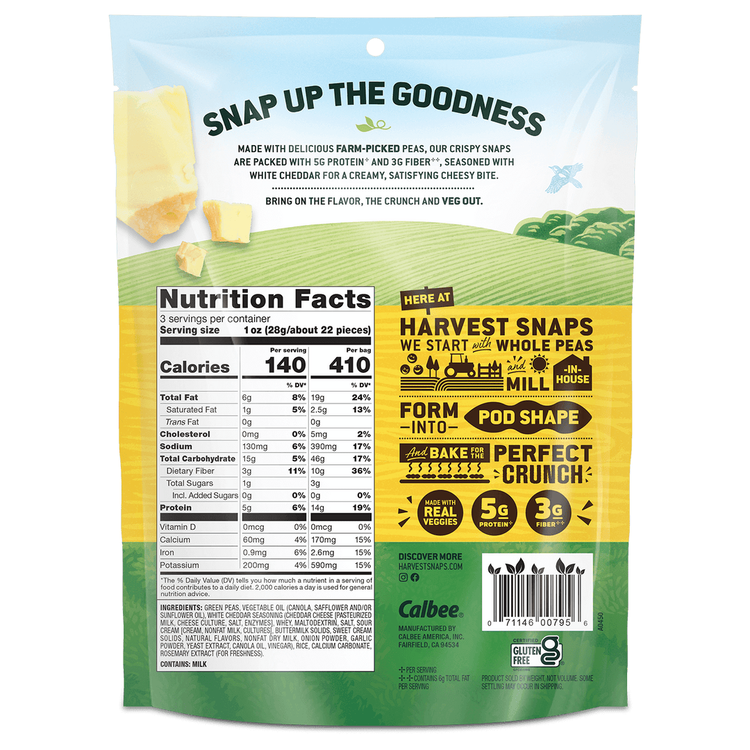 Back of a snack package featuring "Snap Up the Goodness" text. It displays nutrition facts, serving sizes, and promotes using whole peas for a perfect crunch.