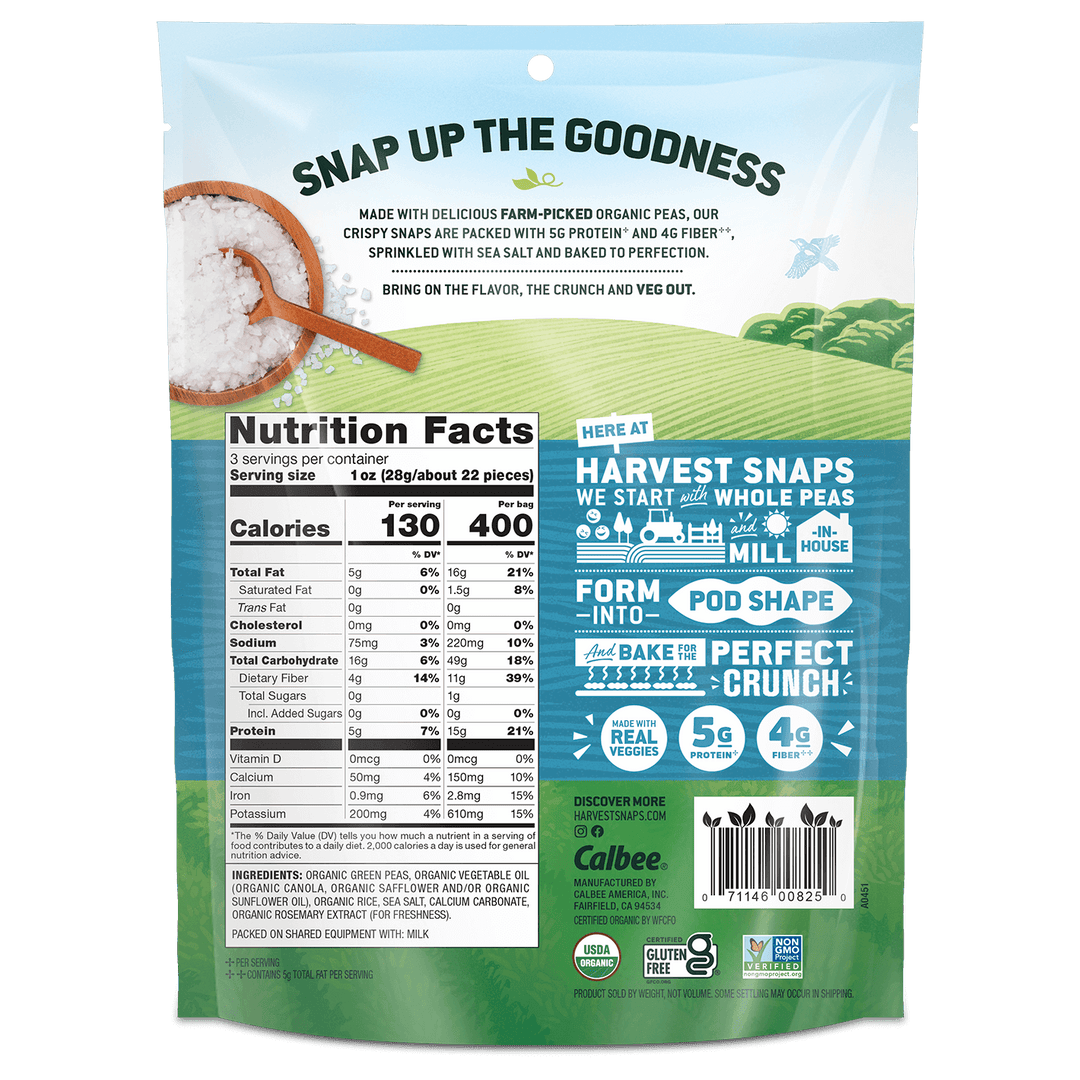 Packaging back of Harvest Snaps organic pea crisps. Features nutrition facts, product benefits, and labels indicating USDA organic and gluten-free. Tone is health-conscious and wholesome.