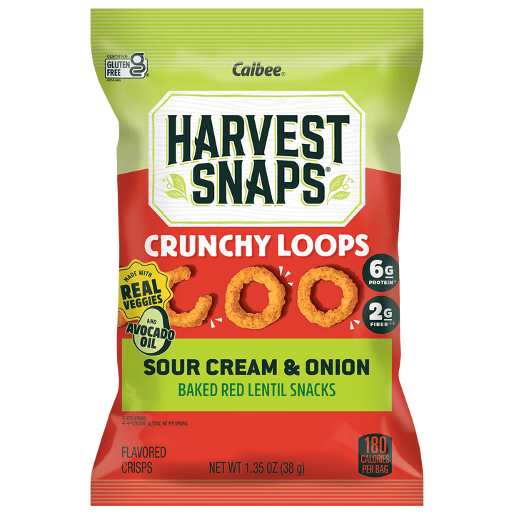 A bag of Calbee Harvest Snaps Crunchy Loops Sour Cream & Onion flavored lentil crisps. The packaging features a bright green top section and a red bottom section, with the product name and flavor clearly displayed on the front.