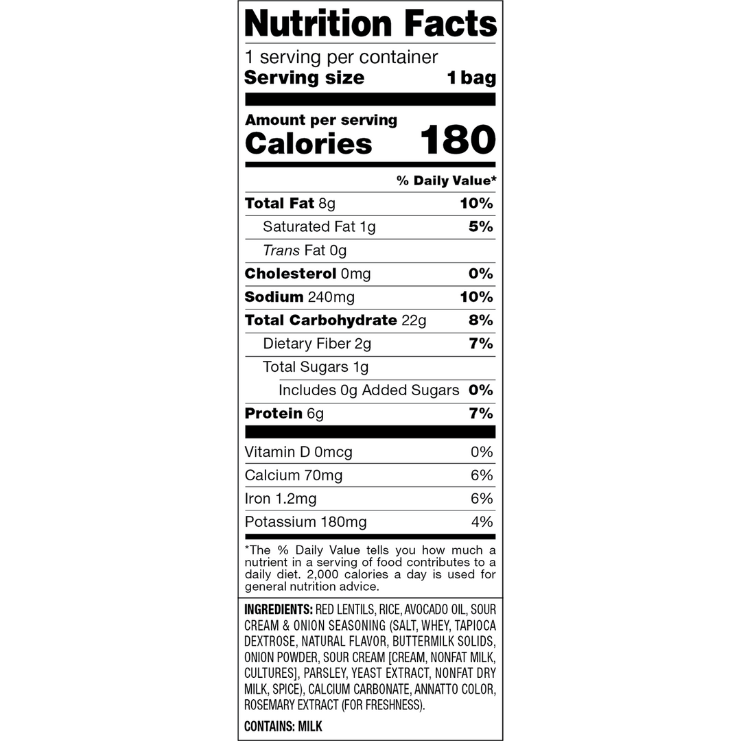 A Nutrition Facts label for a bag of rice, showing serving size 1 bag, calories 180, and a detailed list of nutrients and ingredients.