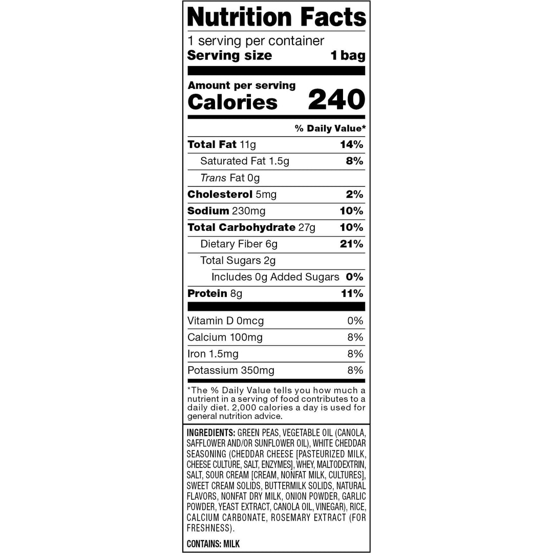 Harvest Snaps Snack Crisps White Cheddar 1.75oz Bag (Amazon Marketplace) Nutrition Facts Panel