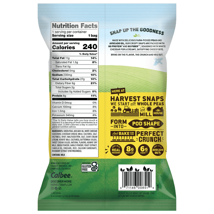 Back view of a Calbee Harvest Snaps whole pea snack bag, showing nutrition facts, ingredients, and product information on a white background.