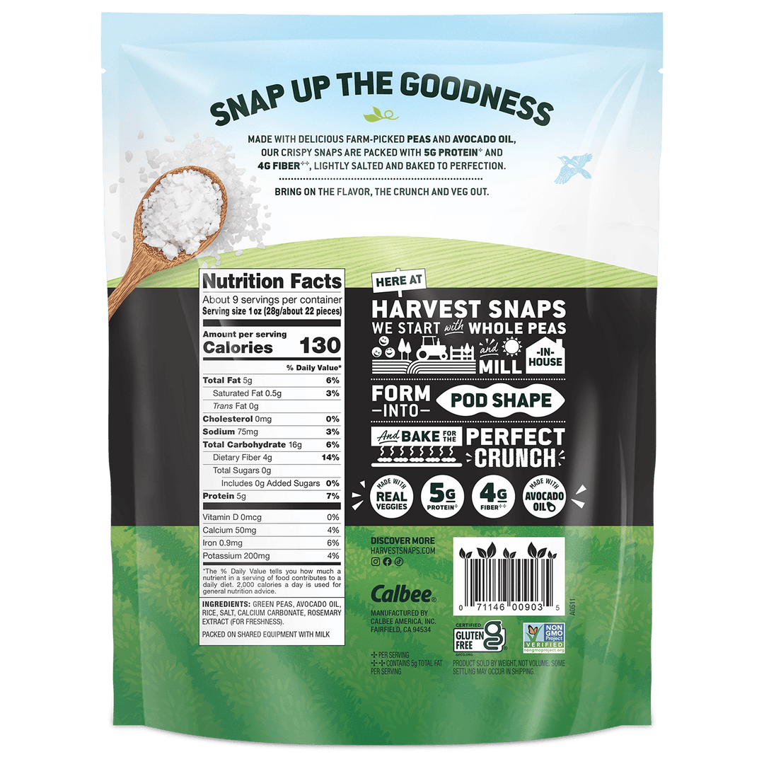 Back of a Calbee Harvest Whole Peas Snap Up The Goodness bag, showing nutrition facts, ingredients, and product features on a white background.