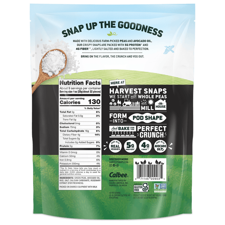 Back of a Calbee Harvest Whole Peas Snap Up The Goodness bag, showing nutrition facts, ingredients, and product features on a white background.