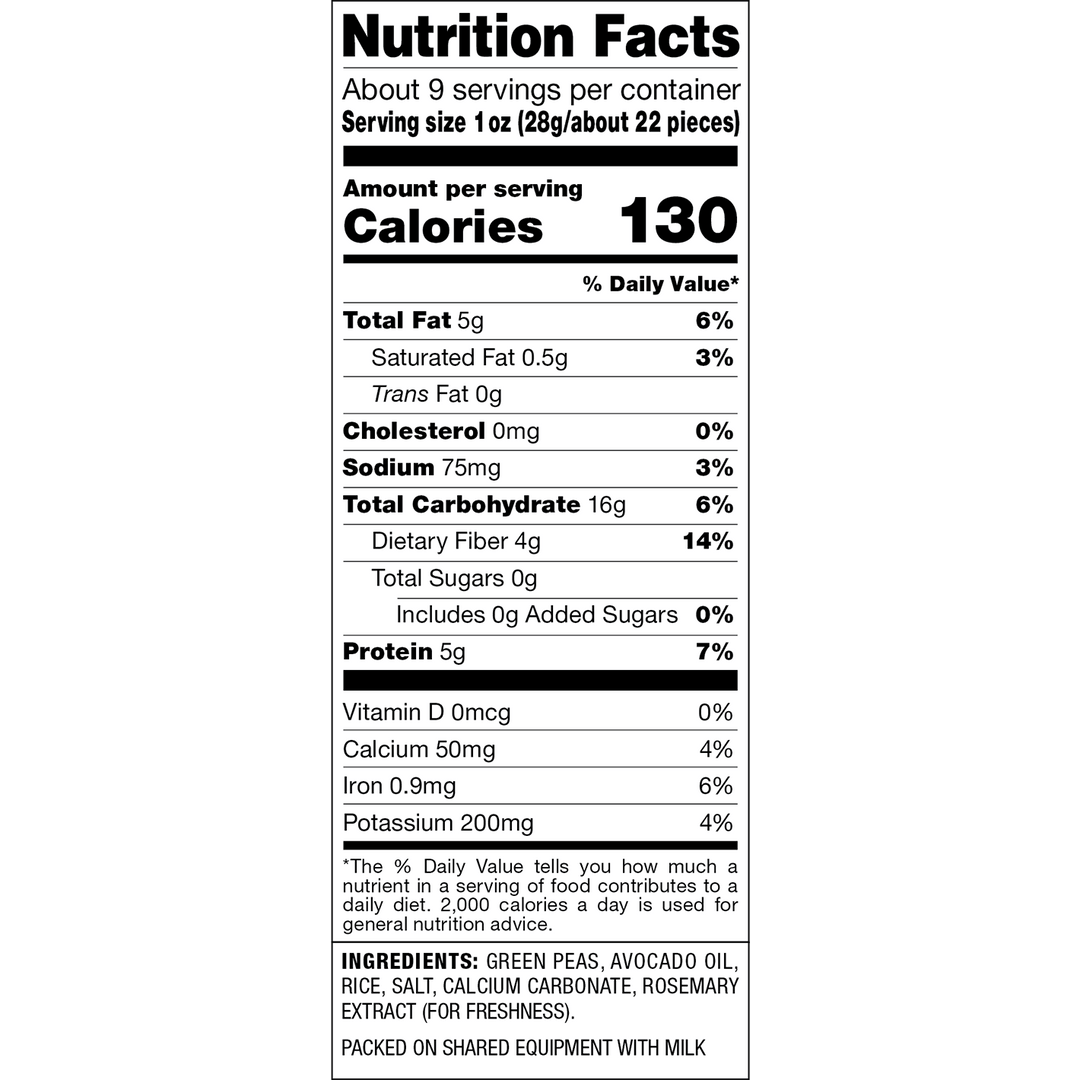 A Nutrition Facts label showing a nutrition panel with serving size, calories, and nutrient values for a packaged food product.