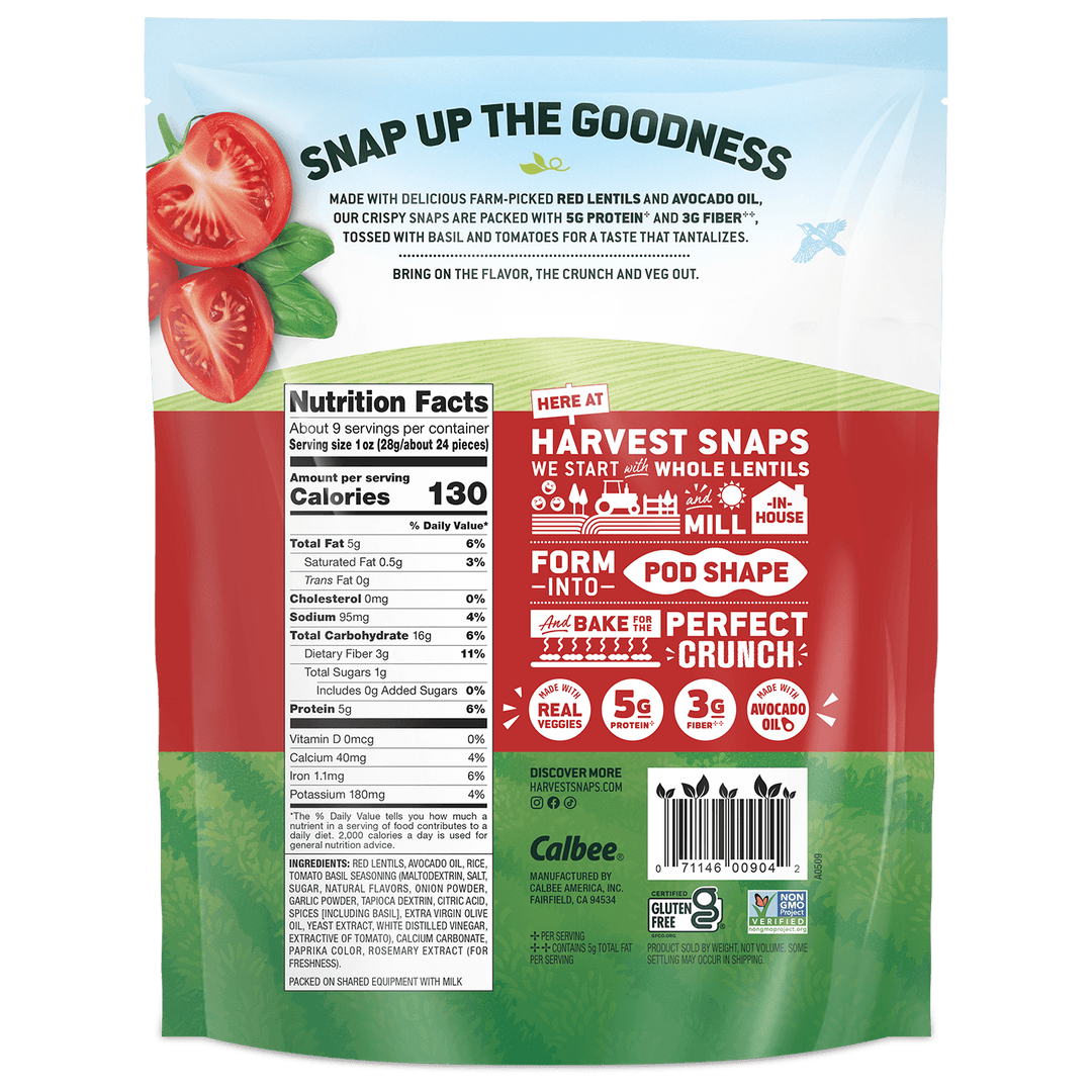 Back of a Calbee Harvest Snaps snack bag, featuring product information, nutrition facts, ingredients, and promotional graphics with red lentils, avocado oil, and tomato imagery.