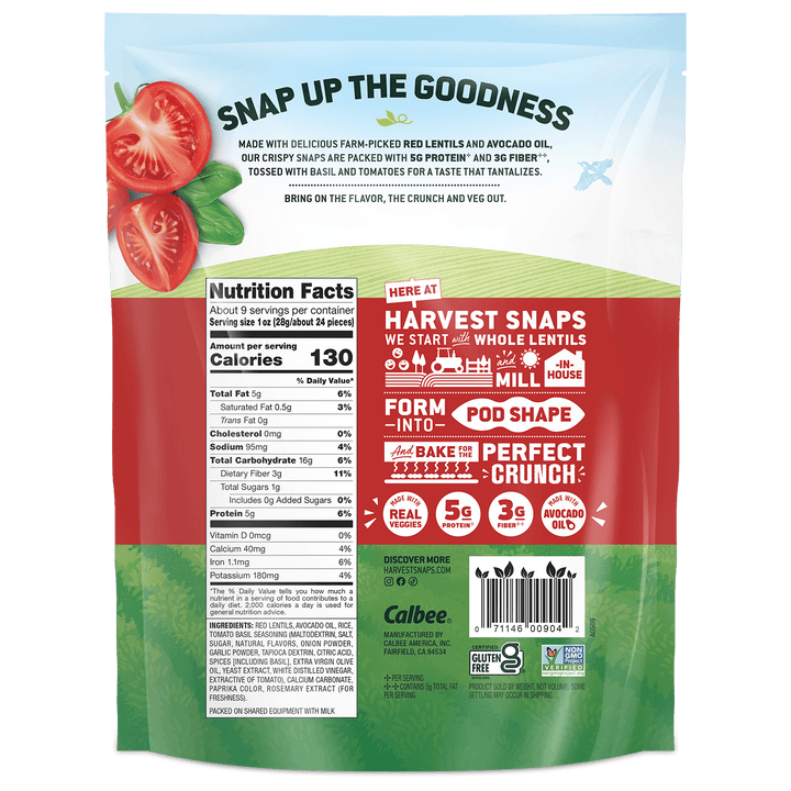 Back of a Calbee Harvest Snaps snack bag, featuring product information, nutrition facts, ingredients, and promotional graphics with red lentils, avocado oil, and tomato imagery.