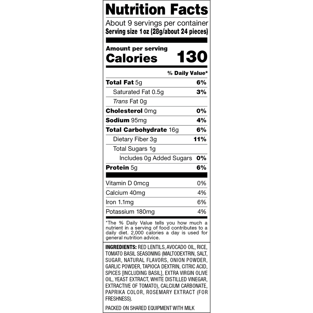 A Nutrition Facts label for a packaged food product, showing serving size, calories, daily value percentages, and ingredient list 