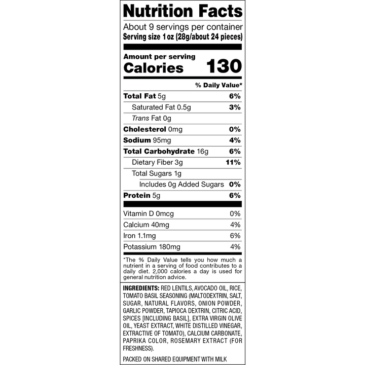 A Nutrition Facts label for a packaged food product, showing serving size, calories, daily value percentages, and ingredient list 
