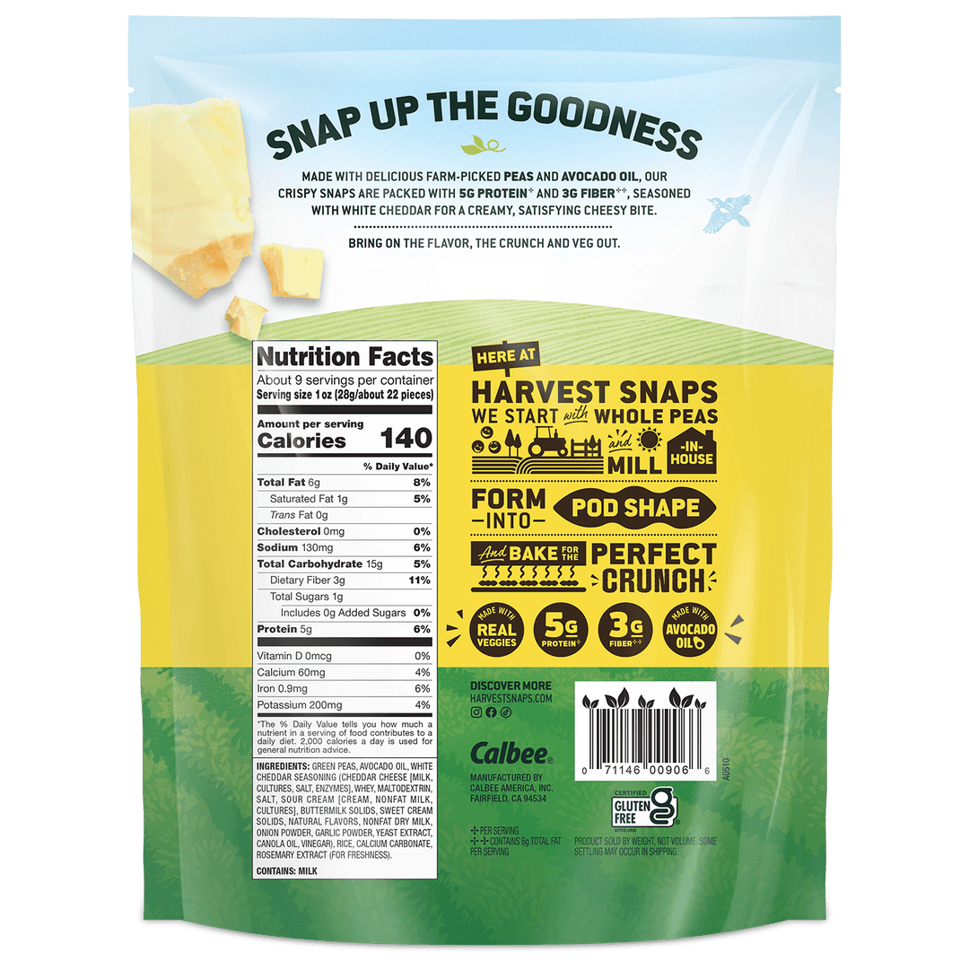 Back of a Calbee Harvest Snaps snack bag showing product information, nutrition facts, branding, and flavor imagery with cheese and green hills.