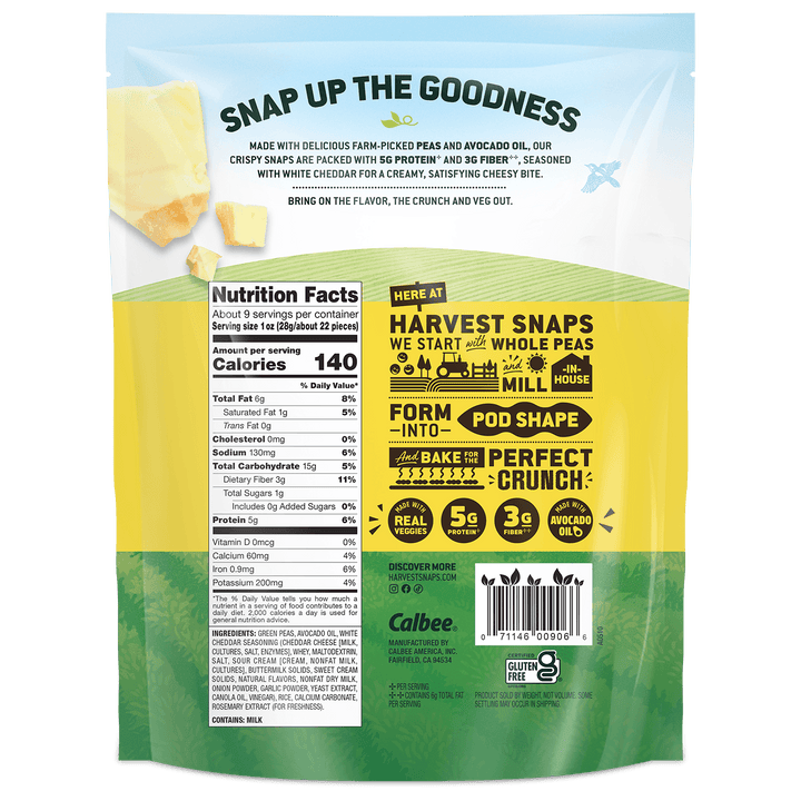 Back of a Calbee Harvest Snaps snack bag showing product information, nutrition facts, branding, and flavor imagery with cheese and green hills.