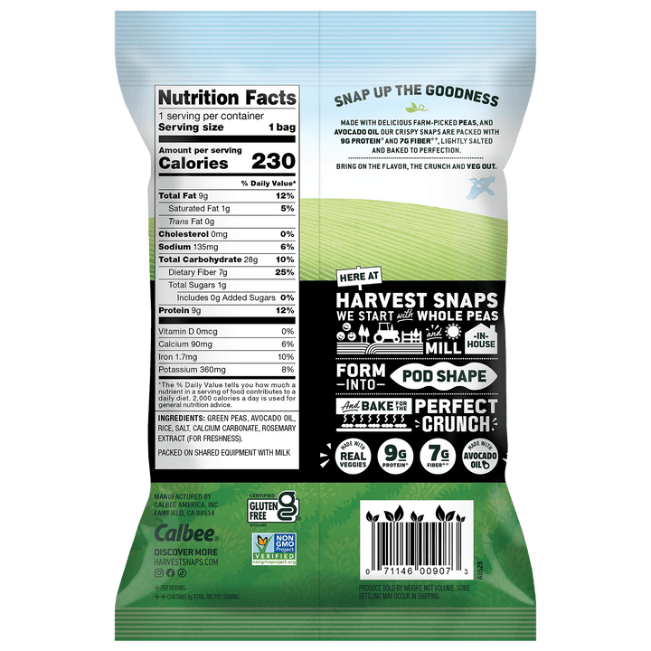 Back packaging panel of Calbee Harvest Snaps whole pea snack bags, showing nutrition facts, ingredients, and branding on a green and white design.