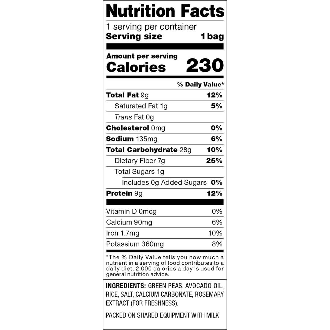 A Nutrition Facts label for a single bag of green peas, avocado oil, rice, salt, calcium carbonate, and rosemary extract, showing 230 calories per serving with a list of ingredients at the bottom.