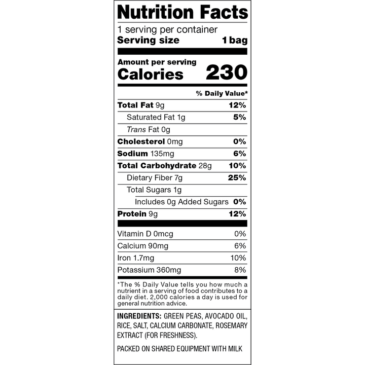 A Nutrition Facts label for a single bag of green peas, avocado oil, rice, salt, calcium carbonate, and rosemary extract, showing 230 calories per serving with a list of ingredients at the bottom.