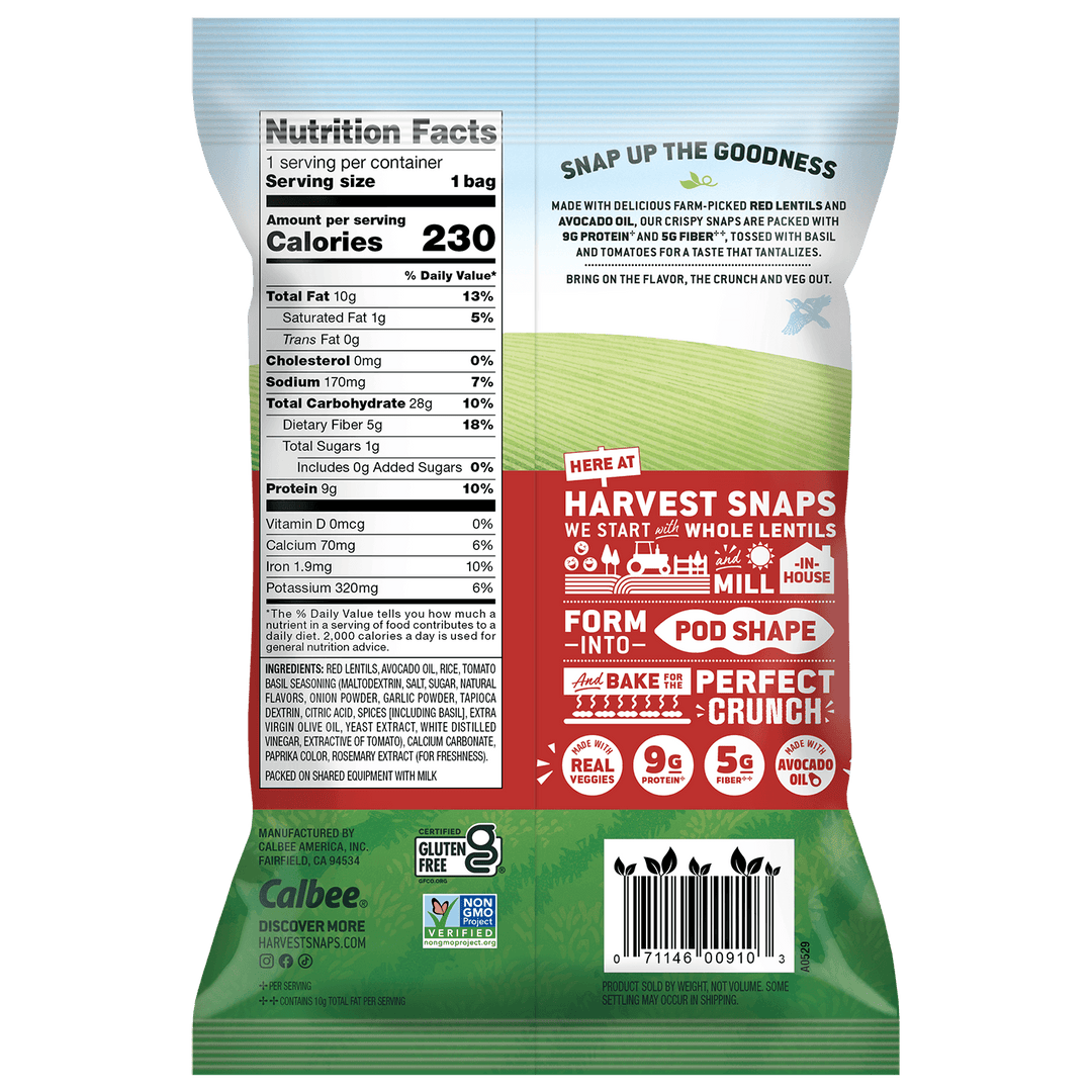 Back view of a Calbee Harvest Snaps whole lentil bag, showing nutrition facts, ingredients, and product instructions.
