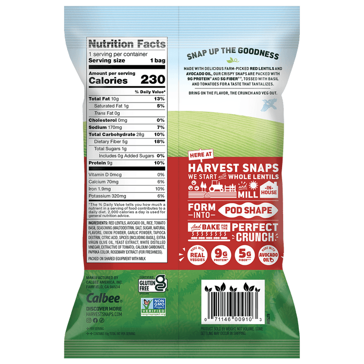 Back view of a Calbee Harvest Snaps whole lentil bag, showing nutrition facts, ingredients, and product instructions.