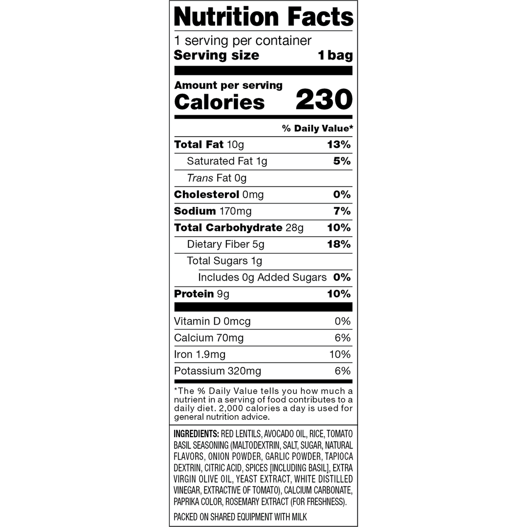 A vertical Nutrition Facts label for a bag of pasta, showing serving size, calories, and a list of ingredients on a plain white background.