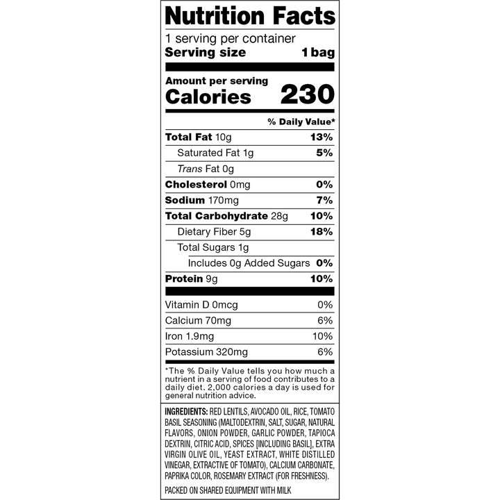 A vertical Nutrition Facts label for a bag of pasta, showing serving size, calories, and a list of ingredients on a plain white background.