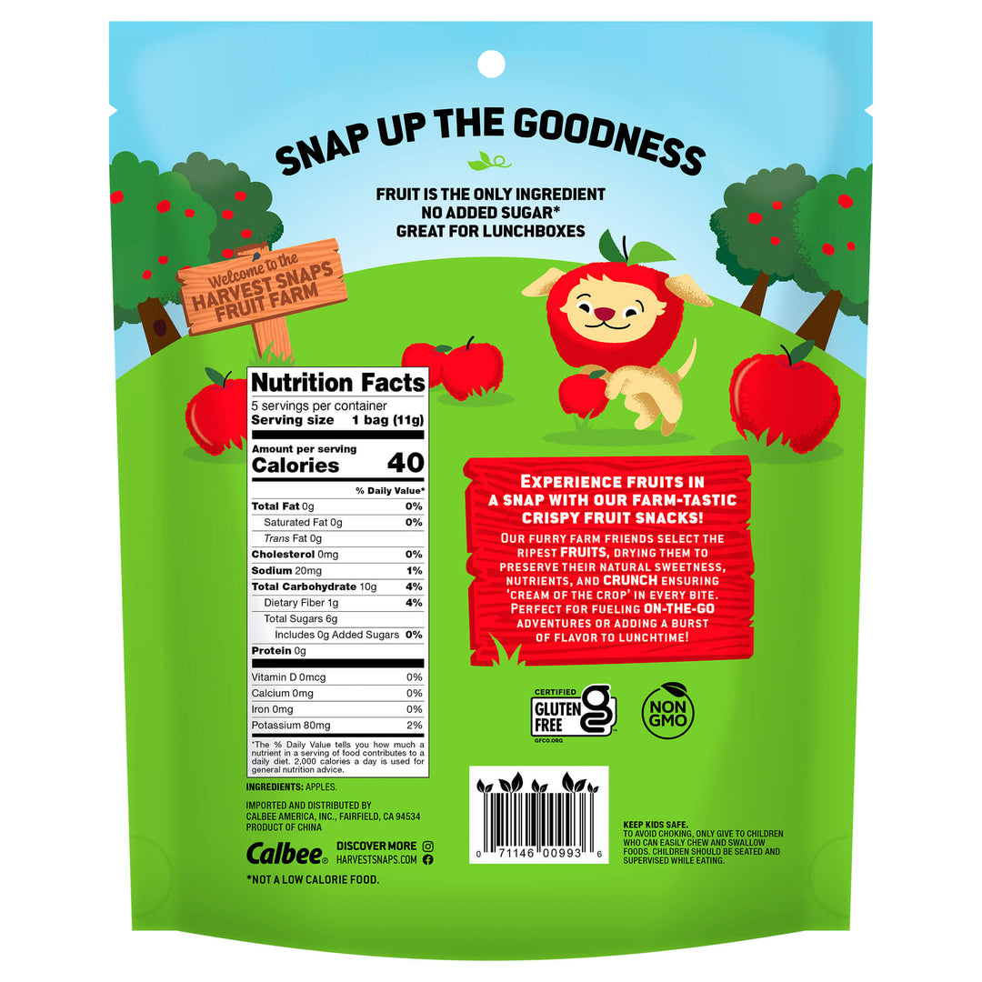 Harvest Snaps Kids Crispy Apples 1.95 oz. (5ct.) Bag back packaging with Nutrition Facts Panel