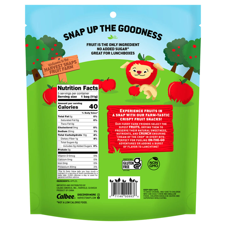 Harvest Snaps Kids Crispy Apples 1.95 oz. (5ct.) Bag back packaging with Nutrition Facts Panel