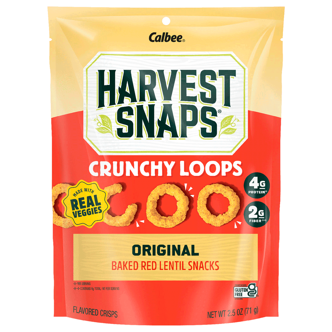 Packaging for Harvest Snaps Crunchy Loops, Original flavor. Red and cream design, featuring baked red lentil snacks and highlights of 4g protein and 2g fiber.