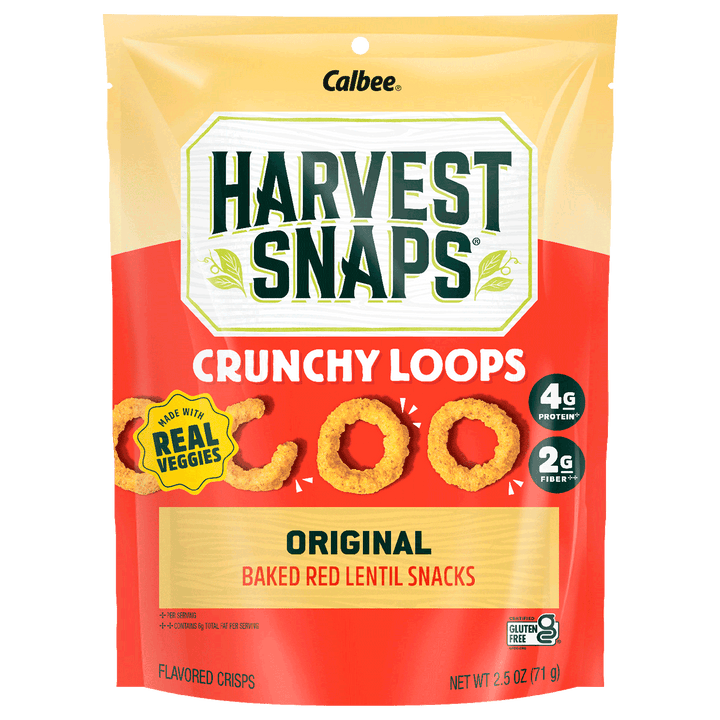 Packaging for Harvest Snaps Crunchy Loops, Original flavor. Red and cream design, featuring baked red lentil snacks and highlights of 4g protein and 2g fiber.