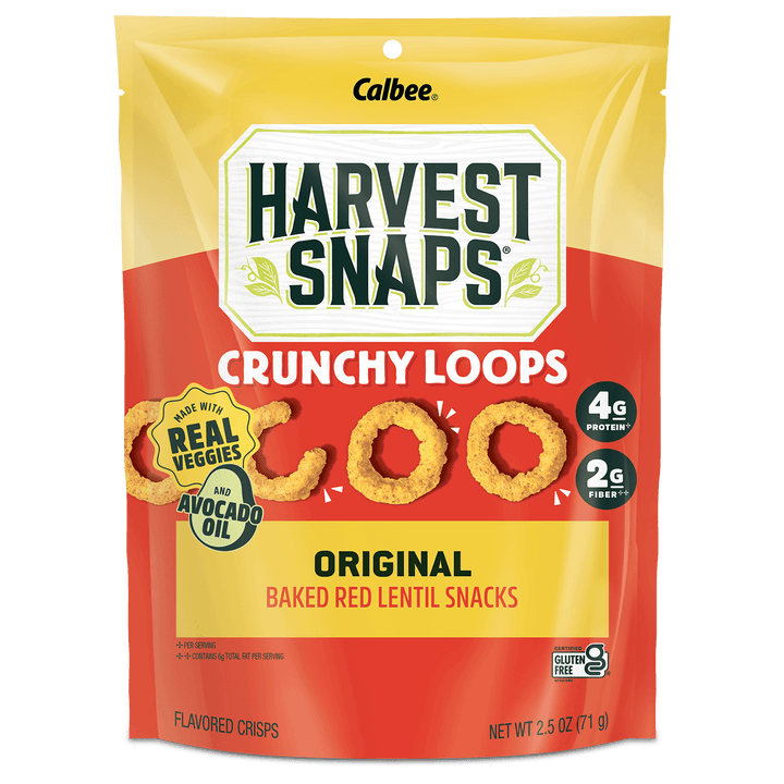 A 2.5 oz bag of Calbee Harvest Snaps Crunchy Loops Original Baked Red Lentil Snacks, featuring a yellow and red packaging design with illustrations of the golden-brown crispy loops.