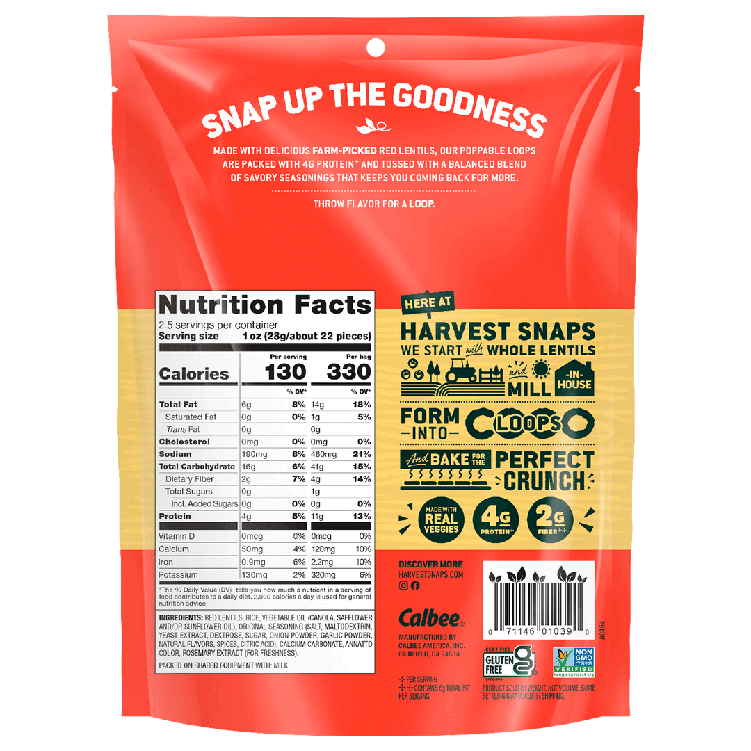 Red and yellow snack package with "Snap Up the Goodness" headline. Includes nutrition facts, emphasizing lentils, protein, fiber, and a crunchy texture.