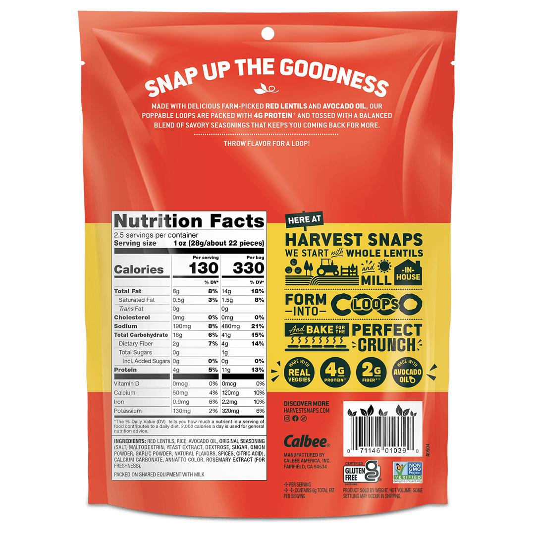 Back view of a Calbee Harvest Snaps whole lentil snack pouch, showing nutrition facts, ingredients, and marketing text on a white background.