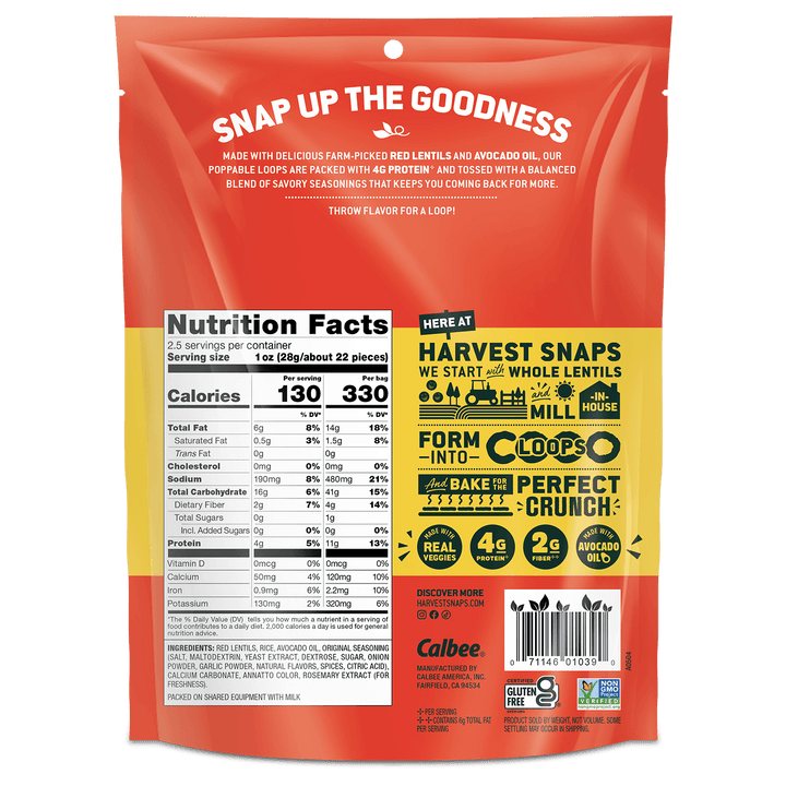 Back view of a Calbee Harvest Snaps whole lentil snack pouch, showing nutrition facts, ingredients, and marketing text on a white background.