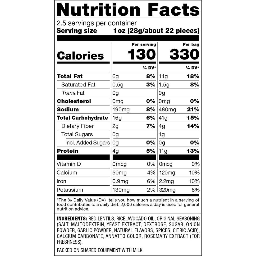 A Nutrition Facts label for a packaged food product, showing serving size 1 oz, calories 130 per serving and 330 per bag, with listed nutrients including total fat, saturated fat, cholesterol, trans fat, sodium, total carbohydrate, dietary fiber, sugars, protein, vitamin D, calcium, iron, and potassium. The label is black text on a white background.