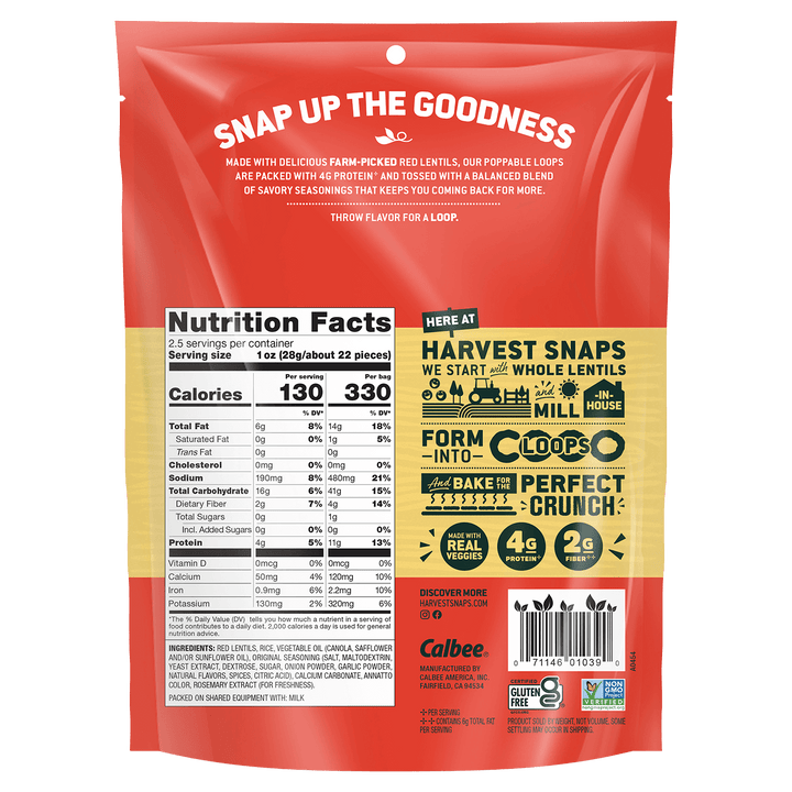 Nutrition facts label on a Harvest Snaps Crunchy Loops Original 2.5 oz. package with Calbee branding  package with text and graphics.