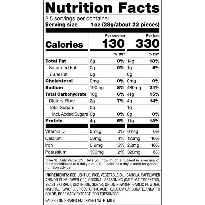 Nutrition facts label for a product with serving size, calories, and nutritional content per bag for Harvest Snaps Crunchy Loops Original 2.5 oz. package 