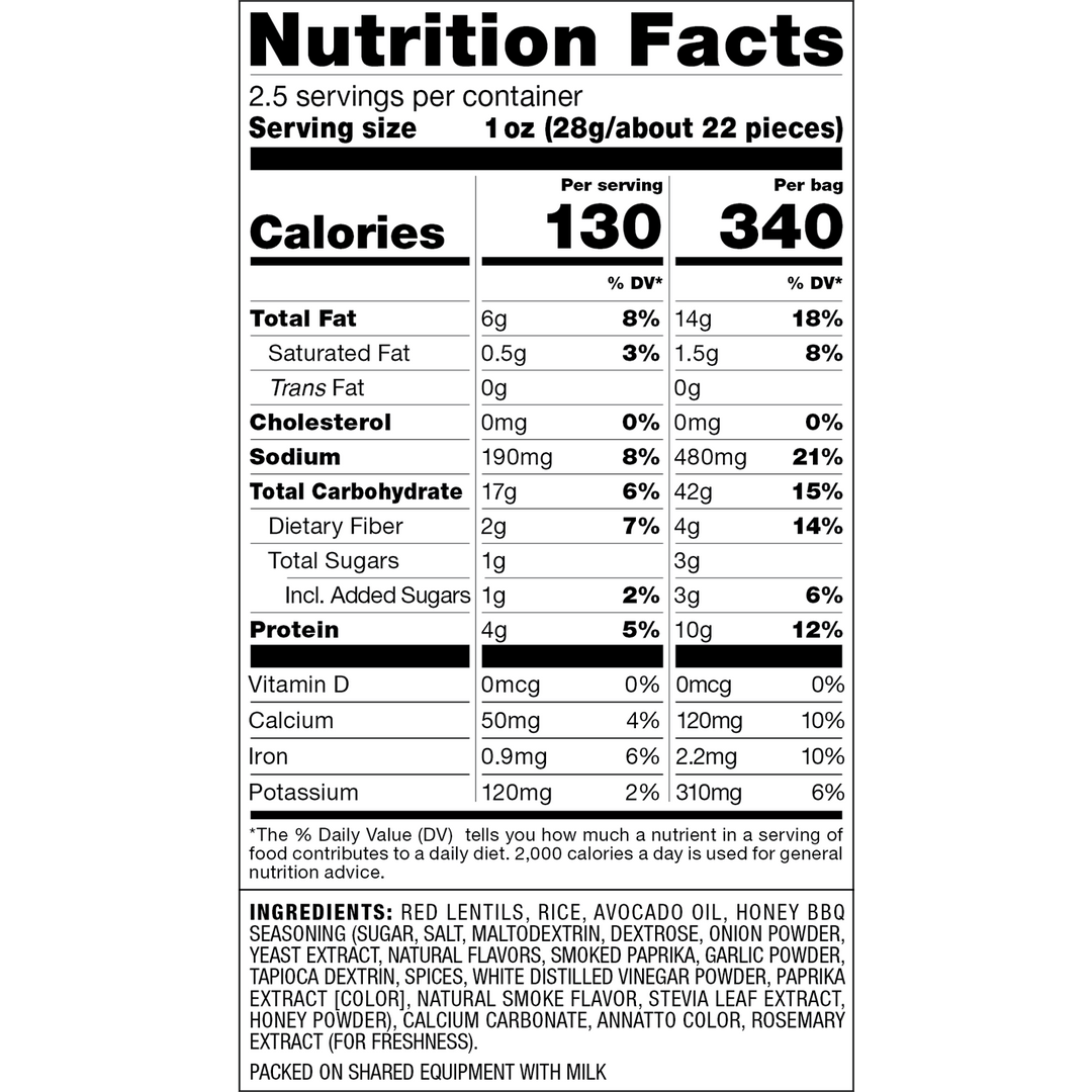 A Nutrition Facts label for a packaged food product, showing serving size 1 oz, calories 130 per person and 340 per bag, with a detailed ingredients list below.