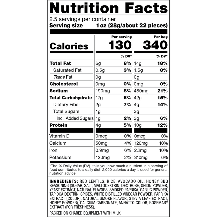 A Nutrition Facts label for a packaged food product, showing serving size 1 oz, calories 130 per person and 340 per bag, with a detailed ingredients list below.