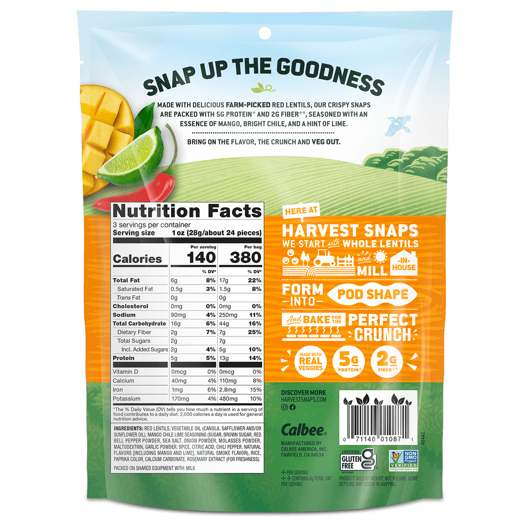 Back of a snack package with vibrant images of mango, lime, and red chili. Features nutrition facts and bold text highlighting key benefits like protein and fiber.