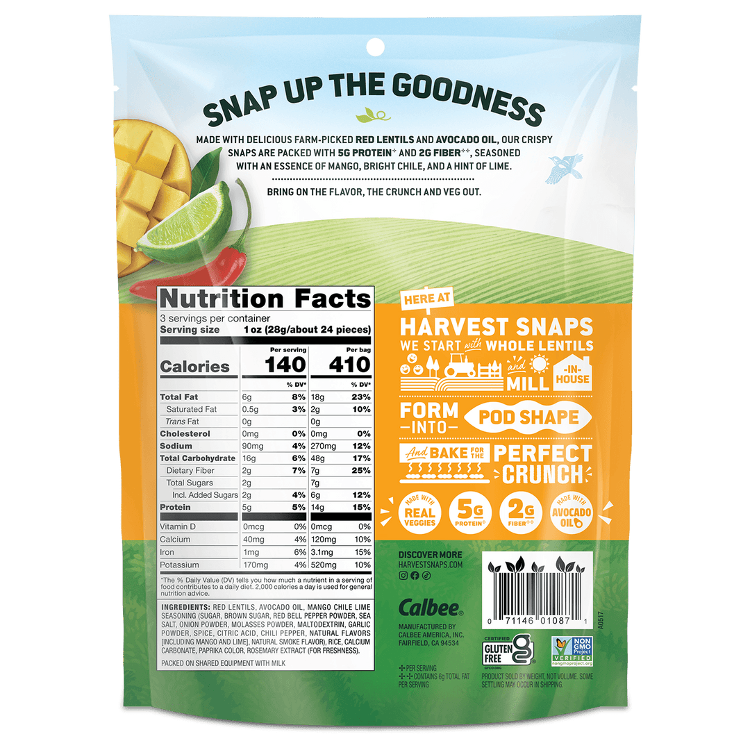 Back view of a Calbee Harvest Snaps Whole Lentils & Avocado Oil snack bag, showing nutrition facts, ingredients, and promotional text on a white background.
