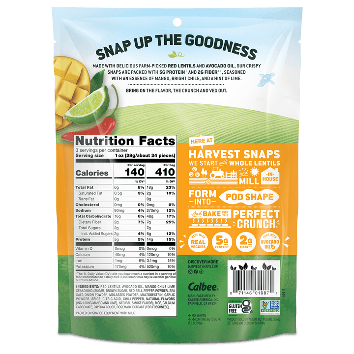Back view of a Calbee Harvest Snaps Whole Lentils & Avocado Oil snack bag, showing nutrition facts, ingredients, and promotional text on a white background.