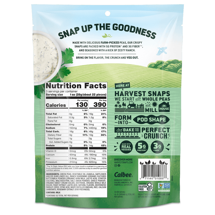 Back of a snack package with "Snap Up the Goodness" slogan. Displays nutrition facts and highlights crisp, farm-picked pea snacks with ranch flavor. Green, farm-themed graphics convey freshness and a healthy vibe. Gluten-free and non-GMO badges included.