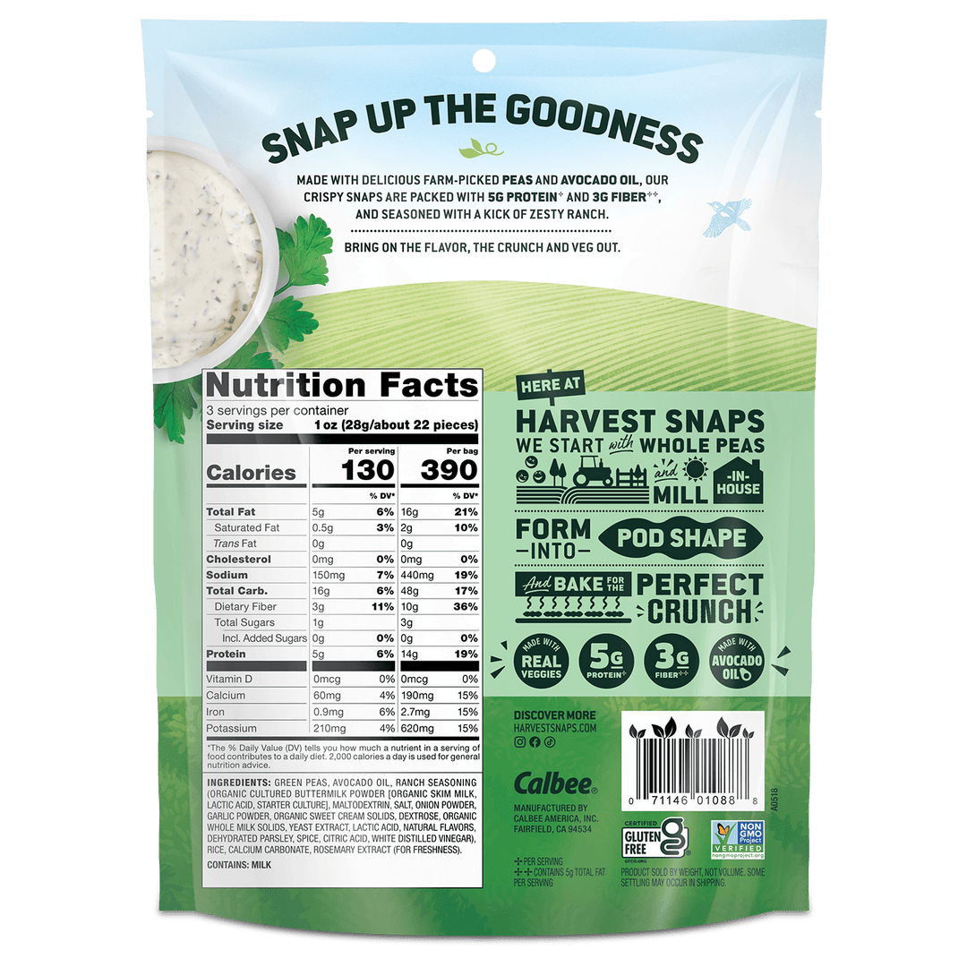 Back view of a Calbee Harvest Snaps snack bag, showing nutrition facts, ingredients, and promotional text on a white and green background.