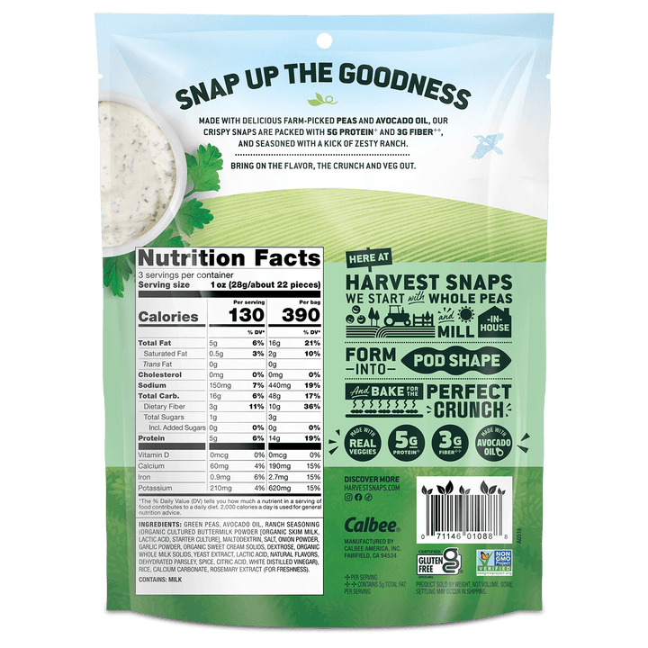 Back view of a Calbee Harvest Snaps snack bag, showing nutrition facts, ingredients, and promotional text on a white and green background.