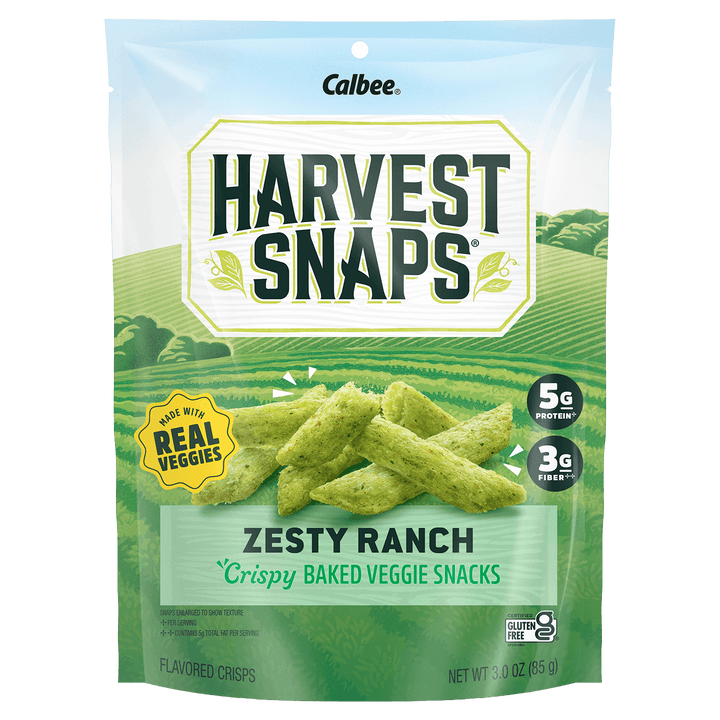 Calbee Harvest Snaps Zesty Ranch crispy baked veggie snacks packaging 