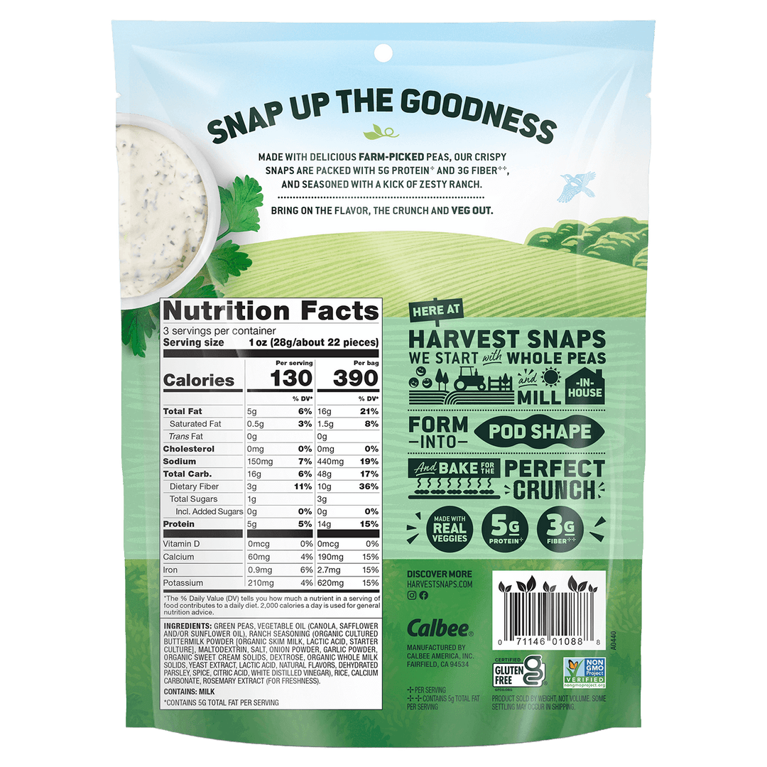 Back of Calbee Harvest Snaps Zesty Ranch crispy baked veggie snacks packaging  with nutritional information and branding details.