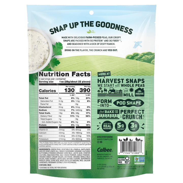 Back of Calbee Harvest Snaps Zesty Ranch crispy baked veggie snacks packaging  with nutritional information and branding details.