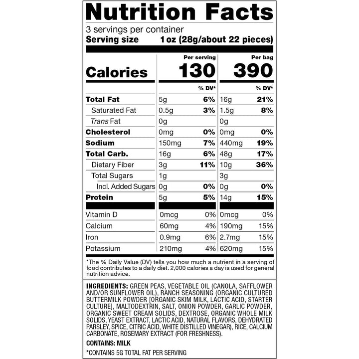 Nutrition facts label for Calbee Harvest Snaps Zesty Ranch crispy baked veggie snacks with serving size, calories, and nutritional content per serving.