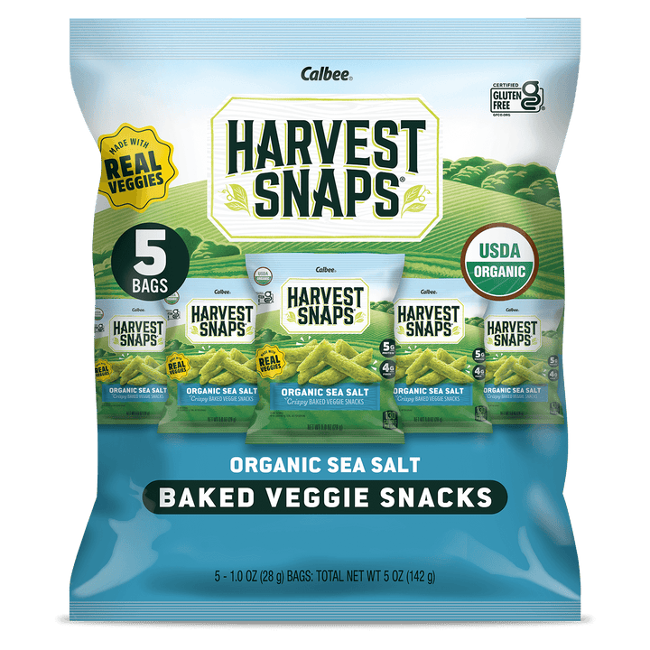 Packaging of Harvest Snaps Organic Sea Salt Baked Veggie Snacks. Features five bags, emphasizes real veggies, USDA Organic, and gluten free.
