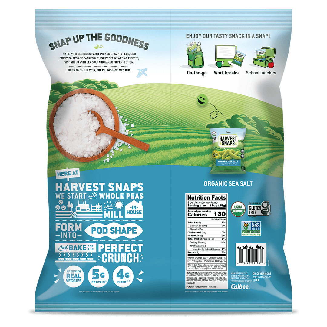Packaging for Harvest Snaps snack showing a green field, a wooden bowl of salt, and product info. Emphasizes organic, gluten-free properties, and uses illustrations.